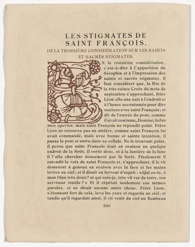 Pictorial initial (page 336) from Les Petites Fleurs de St. François (The Little Flowers of St. Francis) by Émile Bernard, illustrated book, 1928