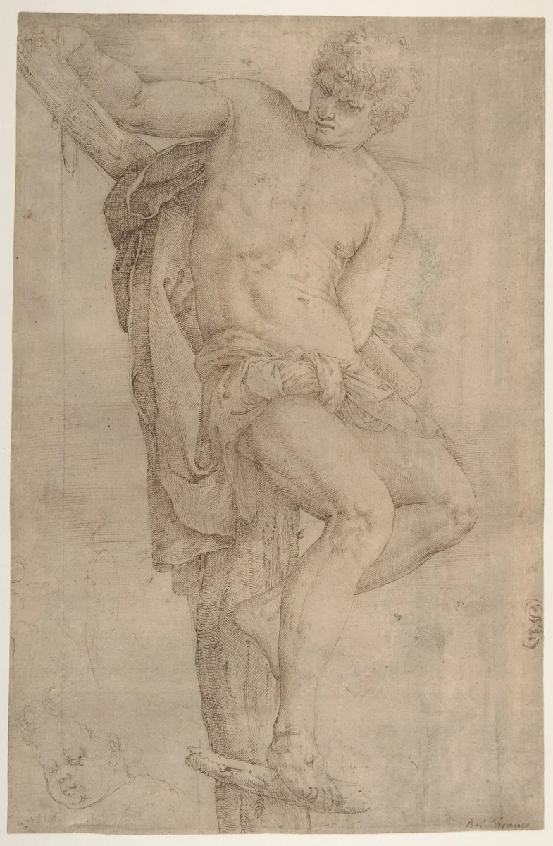 The Unrepentant Thief on the Cross, Study of a Child's Head at Lower Left, and of an Ear at Lower Right Border by Battista Franco, drawing, 1510-1561