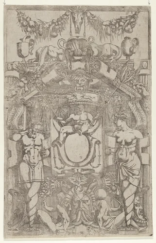 Ornament Panel with Terms and Spiral Bases by Antonio Fantuzzi, print, 1540-1545