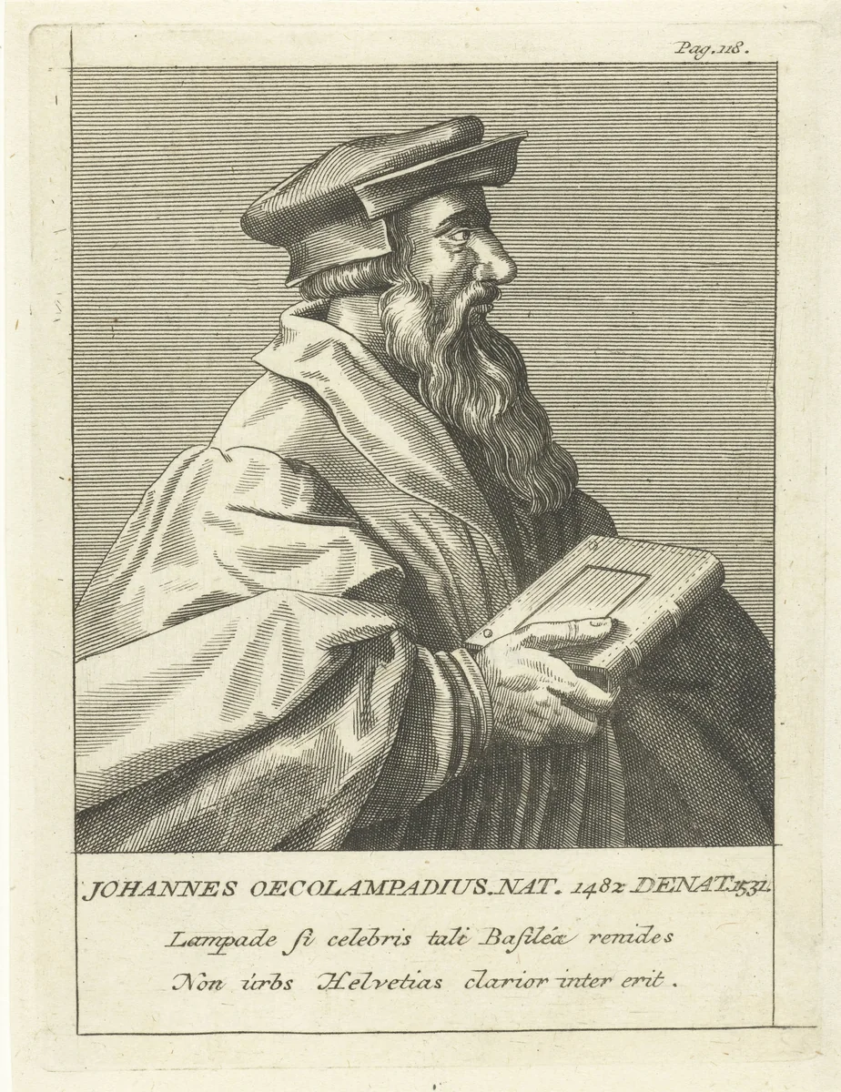 Portret van Duitse kerkhervormer Johannes Oecolampadius by François van Bleyswijck, print, 1681-1746