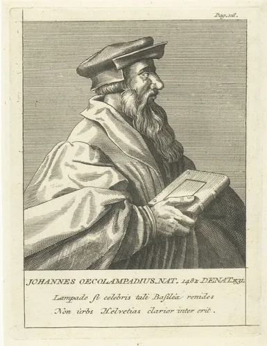 Portret van Duitse kerkhervormer Johannes Oecolampadius by François van Bleyswijck, print, 1681-1746