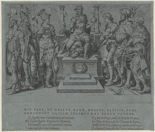 Keizer Karel V omgeven door zijn overwonnen tegenstanders by Unknown, print, 1555
