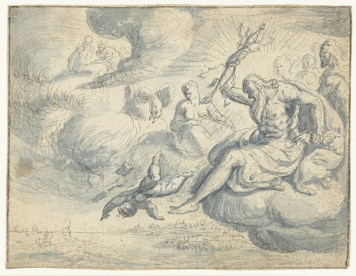 Jupiter verbant Cupido uit de hemel by Jan Snellinck, drawing, 1575-1580