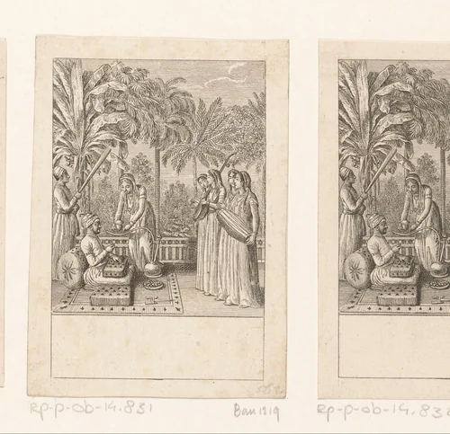 Vrouwen in een tuin maken muziek voor de Nawab by Daniel Nikolaus Chodowiecki, print, 1786