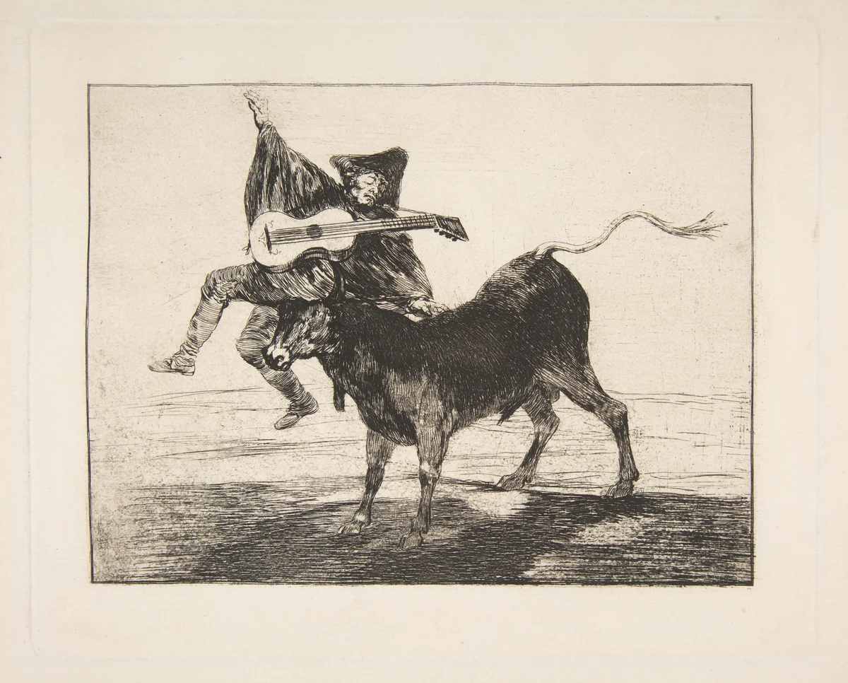 'Barbarous Entertainment', a blind guitarist on the horns of a bull by Goya, print, 1800-1804