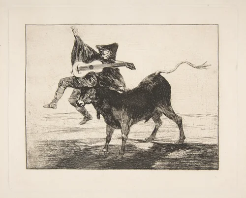 'Barbarous Entertainment', a blind guitarist on the horns of a bull by Goya, print, 1800-1804