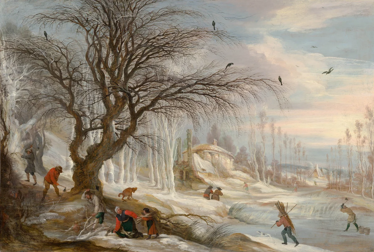 Winter Landscape with Wood Gatherers by Gijsbrecht Leytens, painting, 1617