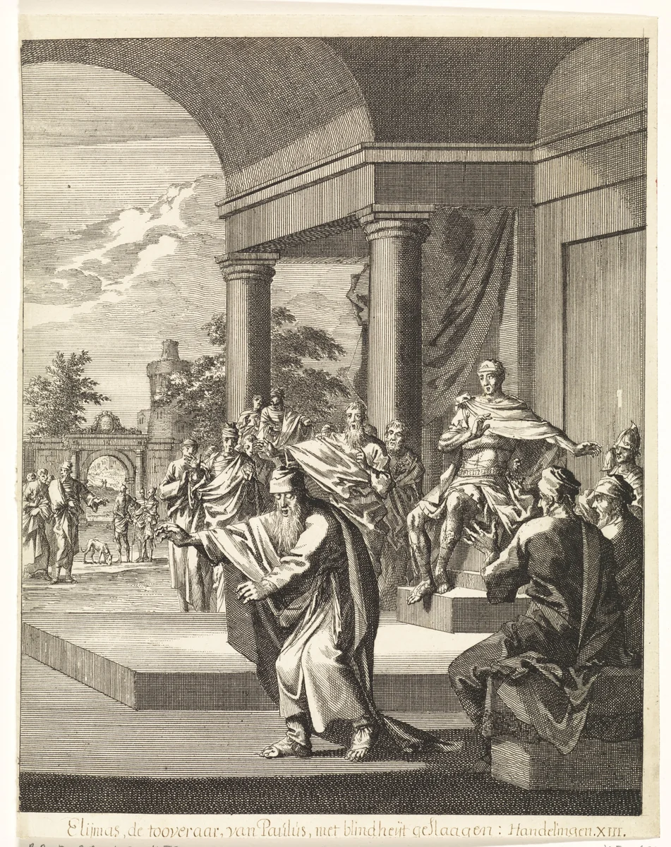 Paulus maakt Elymas blind by Jan Luyken, print, 1708