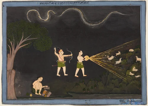 Maharana Jagat Singh II of Mewar (r. 1734–51) Dressed as a Bhil, Hunting Deer at Night by Chokha, painting, 1725-1750