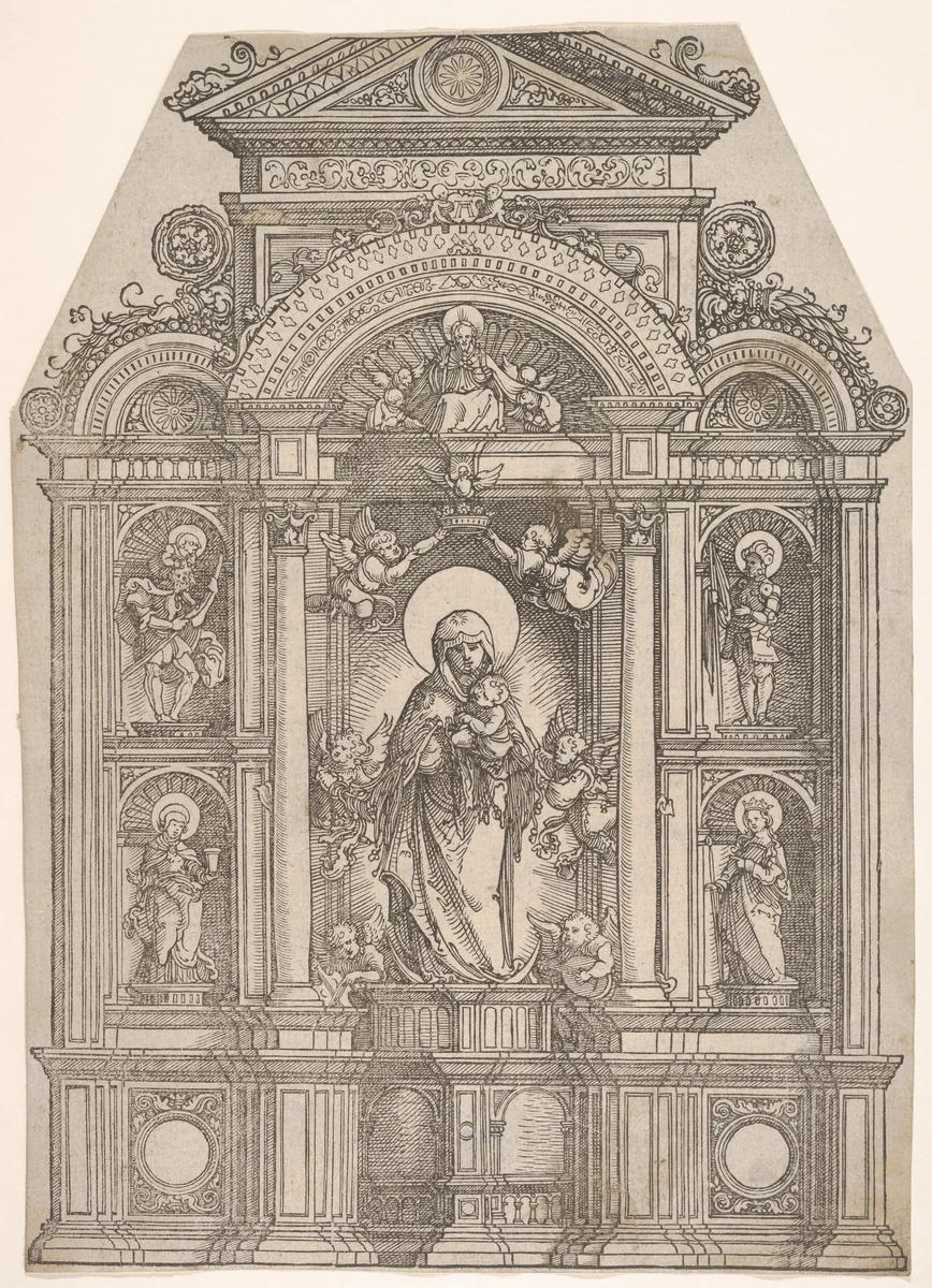 Altarpiece with the Beautiful Virgin of Regensburg and Saints Christopher, Mary Magdalen, Florian and Catherine Standing in Niches, with God the Father Above by Albrecht Altdorfer, print, 1500-1538