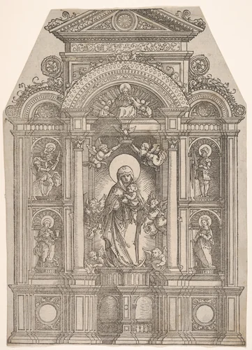Altarpiece with the Beautiful Virgin of Regensburg and Saints Christopher, Mary Magdalen, Florian and Catherine Standing in Niches, with God the Father Above by Albrecht Altdorfer, print, 1500-1538