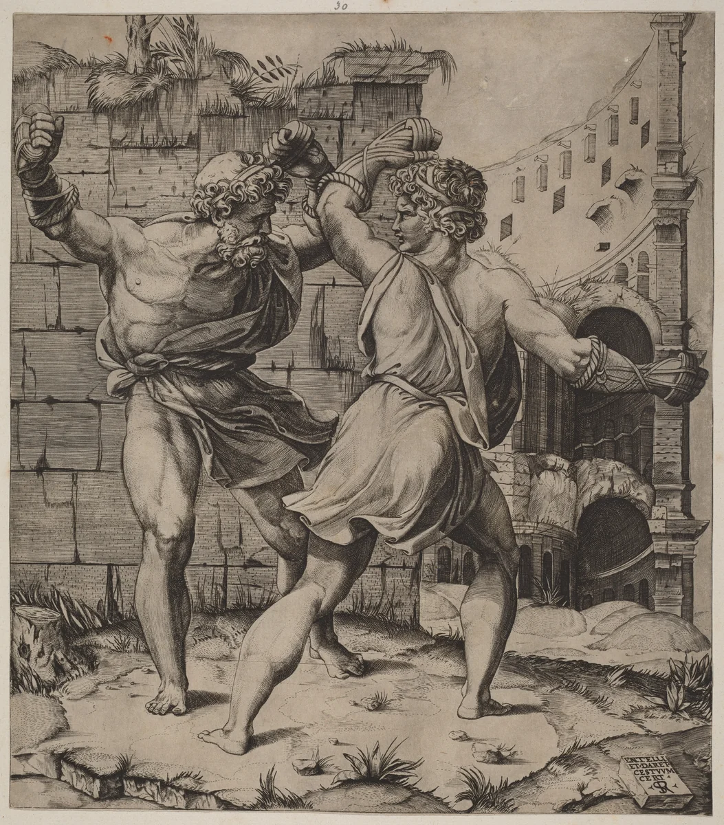 Entellus and Dares by Marco Dente, print, 1493-1527