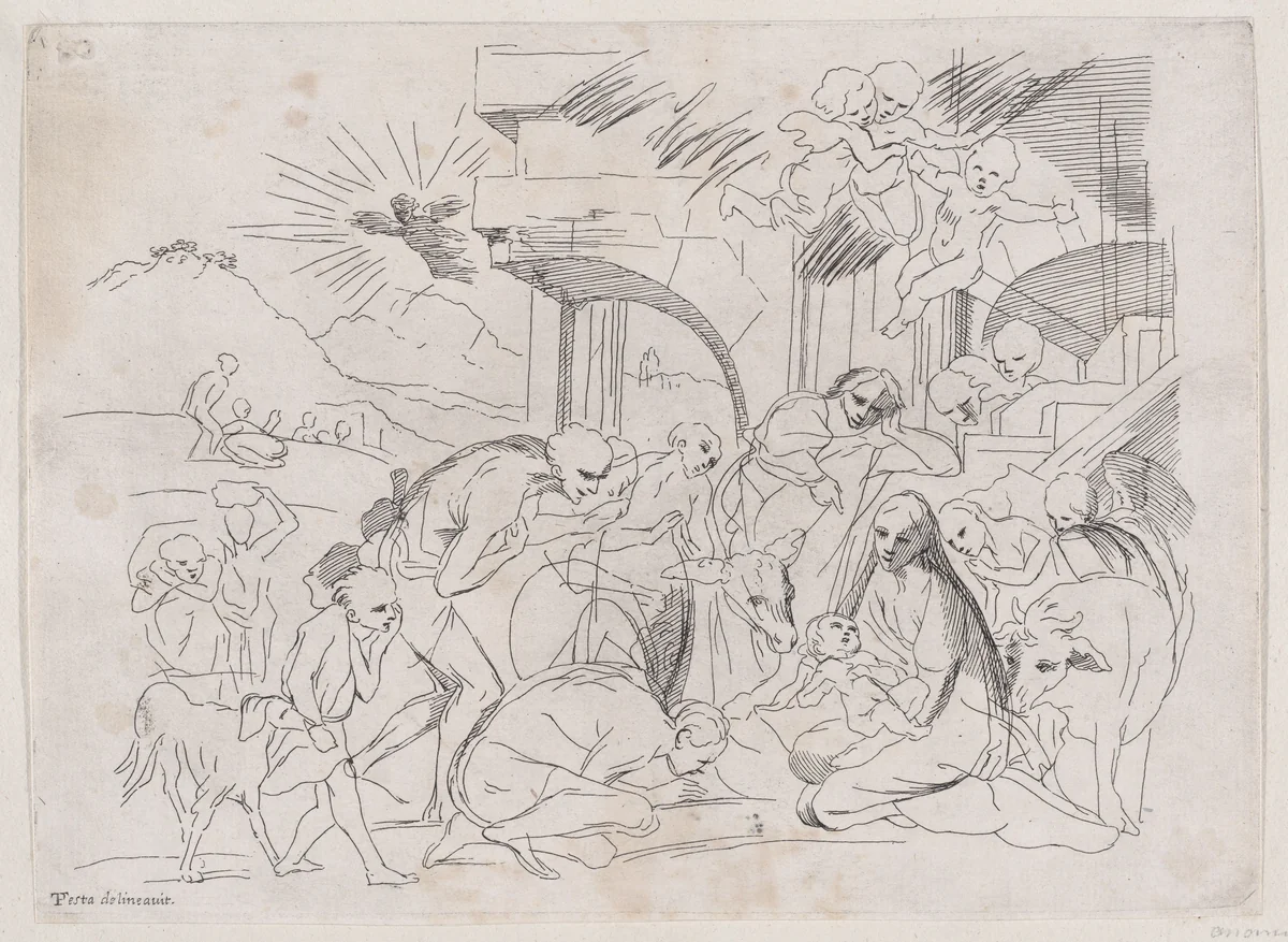 The adoration of the shepherds who gather at left, angels holding a banderole upper right by anonymous, print, 1700-1800