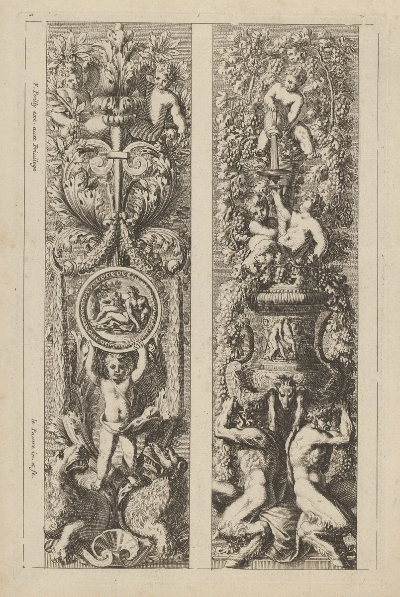 Two Designs for Panels with Candelabra Decorations, from "Montants d'ornement" by Jean Le Pautre, print, 1635-1645