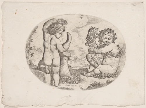 Putto at left holding an upturned cornucopia and a garland, another seated at the right holding an urn, an allegory of the seasons (Autumn), an oval composition by anonymous, print, 1650-1680