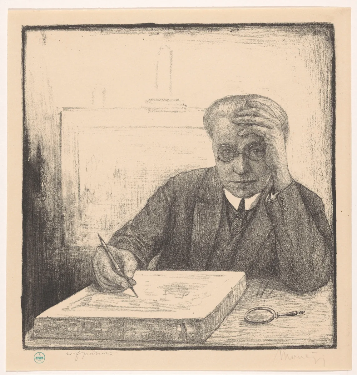 Zelfportret met lithosteen by Simon Moulijn, print, 1929