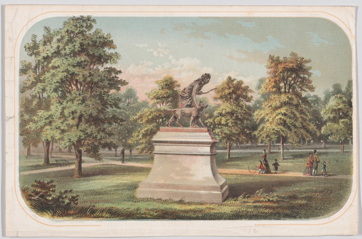 Central Park, Statue of the Indian Hunter by anonymous, print, 1869