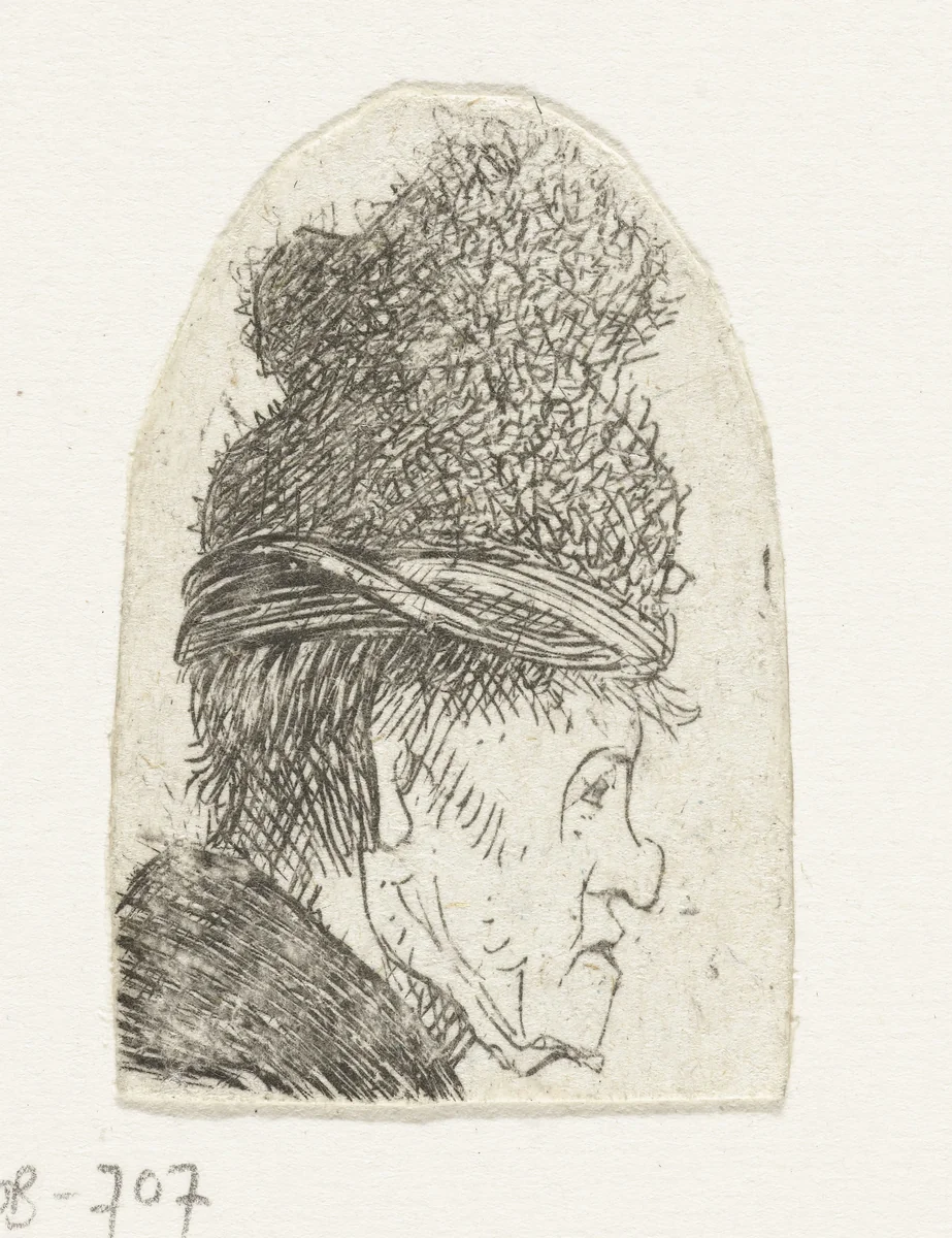 Grotesque profile: man in a high cap by Rembrandt van Rijn, print, 1629