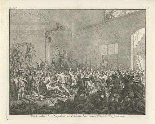 Moord in een kerk te Naarden, 1572 by Jan Luyken, print, 1730-1738