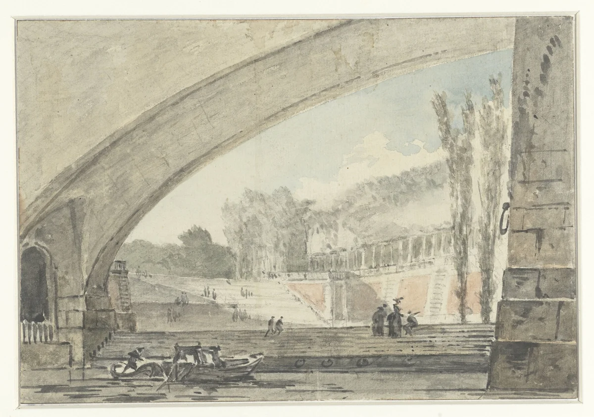 Doorzicht onder een brug naar terrassen en een trap by Louis Gabriel Moreau, drawing, 1750-1806