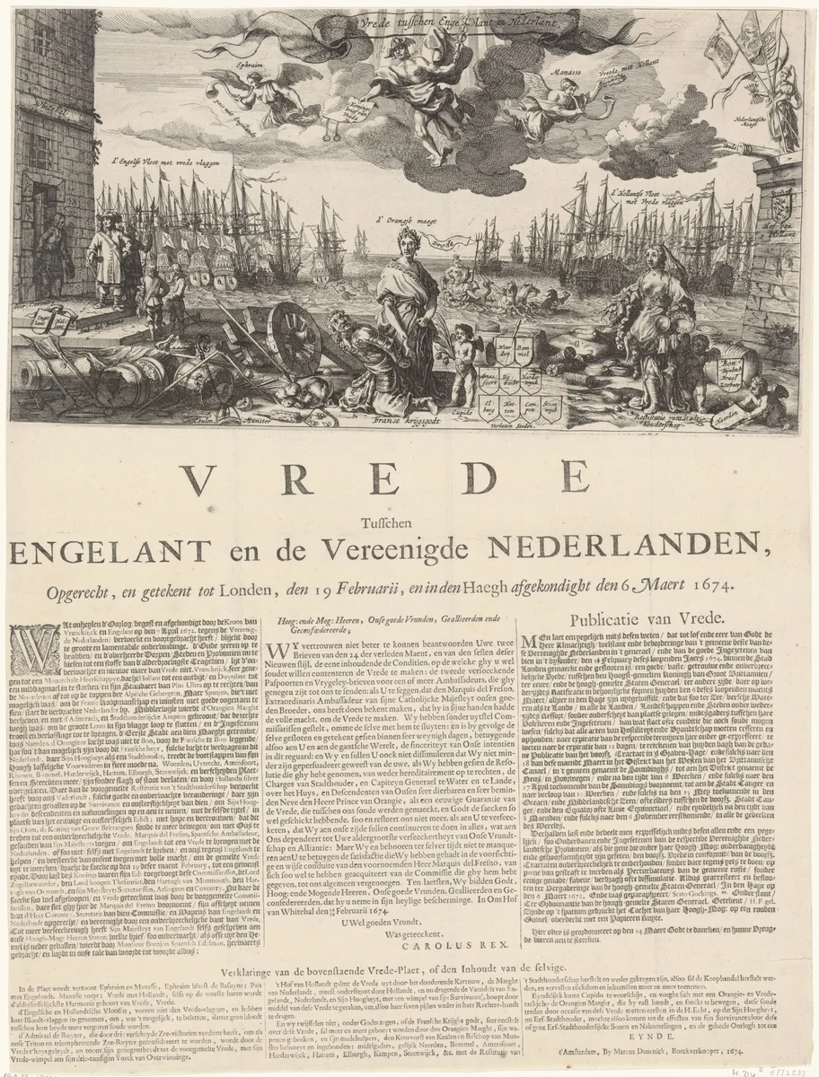 Allegorie op de vrede met Engeland, 1674 by Salomon Savery, print, 1667