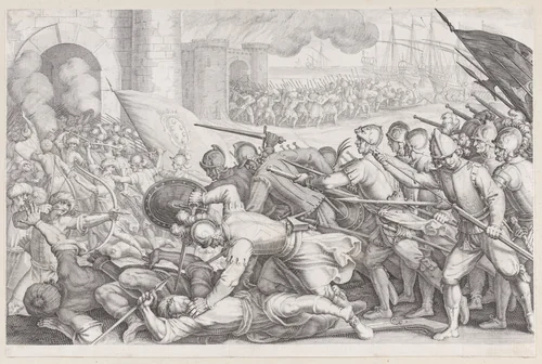 Les Troupes Forcent la Porte d'une Ville (The Troops Force Their Way Through the Gate of a City), from "La Vie de Ferdinand Ier de Médicis série appelée aussi Les Batailles des Médicis" (The Life of Ferdinand I de'Medici also called The Medici Battles) by Jacques Callot, print, 1614-1620