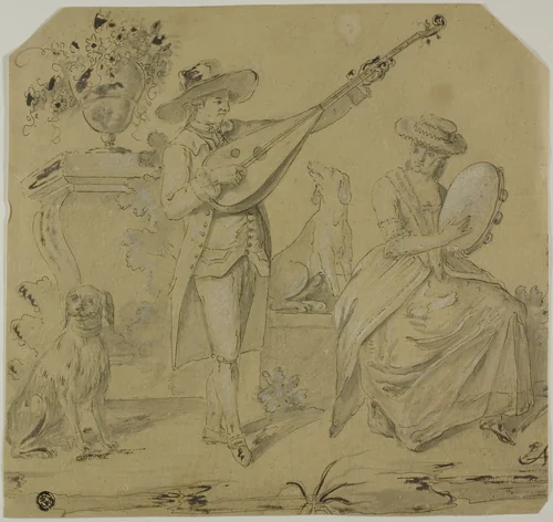 Man Playing Lute and Woman Playing Tamborine by Unknown Artist, drawing, 1700-1799