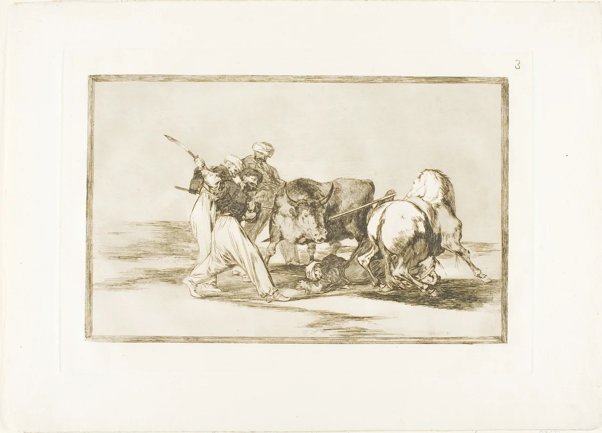 The Moors had settled in Spain, giving up the superstitions of the Koran, adopted this art of hunting, and spear a bull in the open, plate three from The Art of Bullfighting by Francisco José de Goya, print, 1814-1816