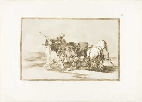 The Moors had settled in Spain, giving up the superstitions of the Koran, adopted this art of hunting, and spear a bull in the open, plate three from The Art of Bullfighting by Francisco José de Goya, print, 1814-1816