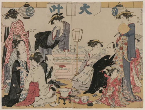 Entertainment on a Balcony by the Water at Nakasu, from the series, A Collection of Beautiful Modern Women of the Pleasure Quarters by Torii Kiyonaga (鳥居清長), print, 1783