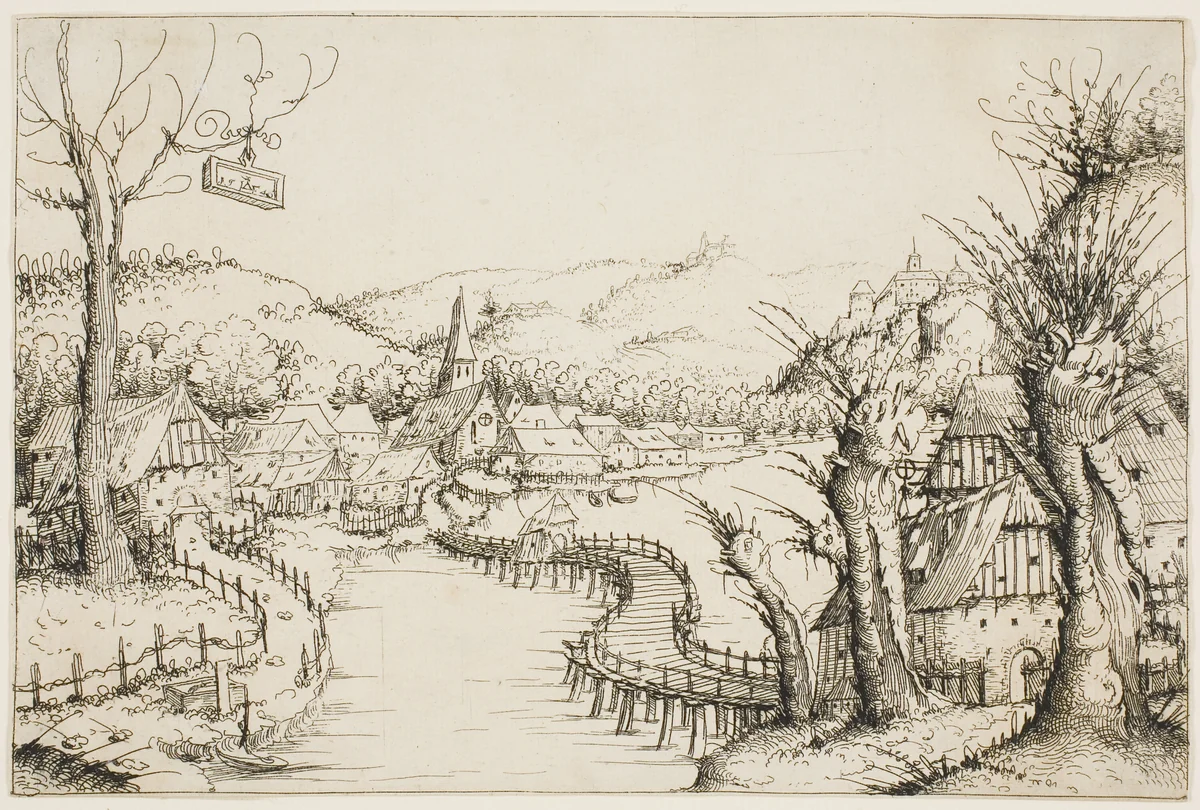 Landscape with a Curved Wooden Bridge by Augustin Hirschvogel, print, 1546
