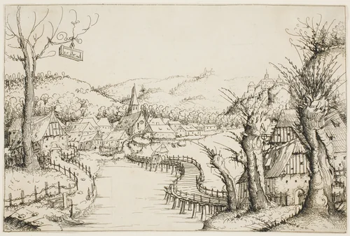Landscape with a Curved Wooden Bridge by Augustin Hirschvogel, print, 1546