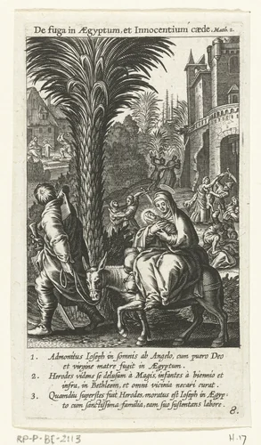 Kindermoord in Betlehem en vlucht van Maria, Jozef en Christuskind naar Egypte by Boëtius Adamsz. Bolswert, print, 1590-1622