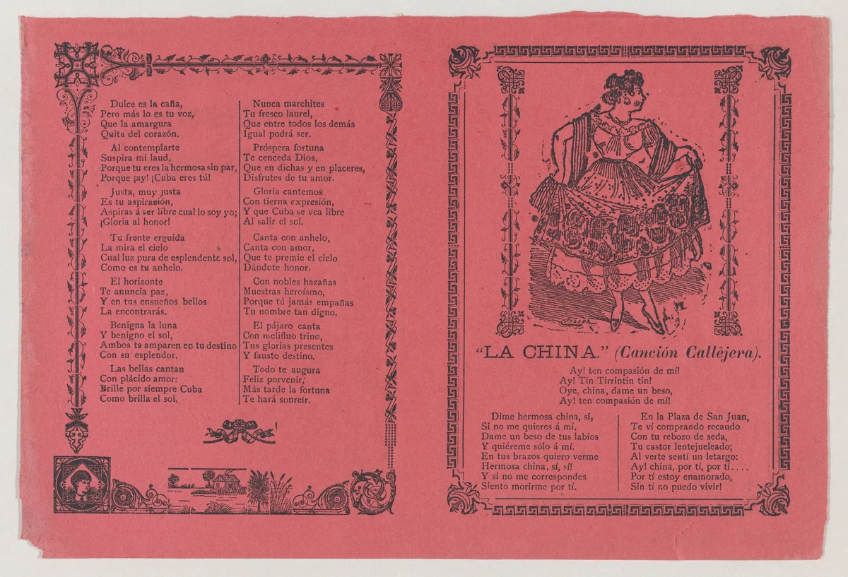 A broadsheet with a popular song 'La China' on the recto, on the verso the dance of 'Cuba Libre' by José Guadalupe Posada, print, 1895-1905