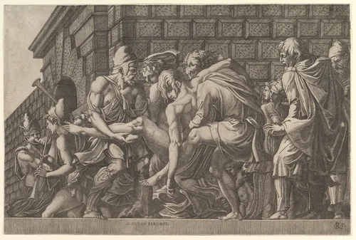 The Wounded Paris Carried from the Field of Battle by Master FG, print, 1540-1560