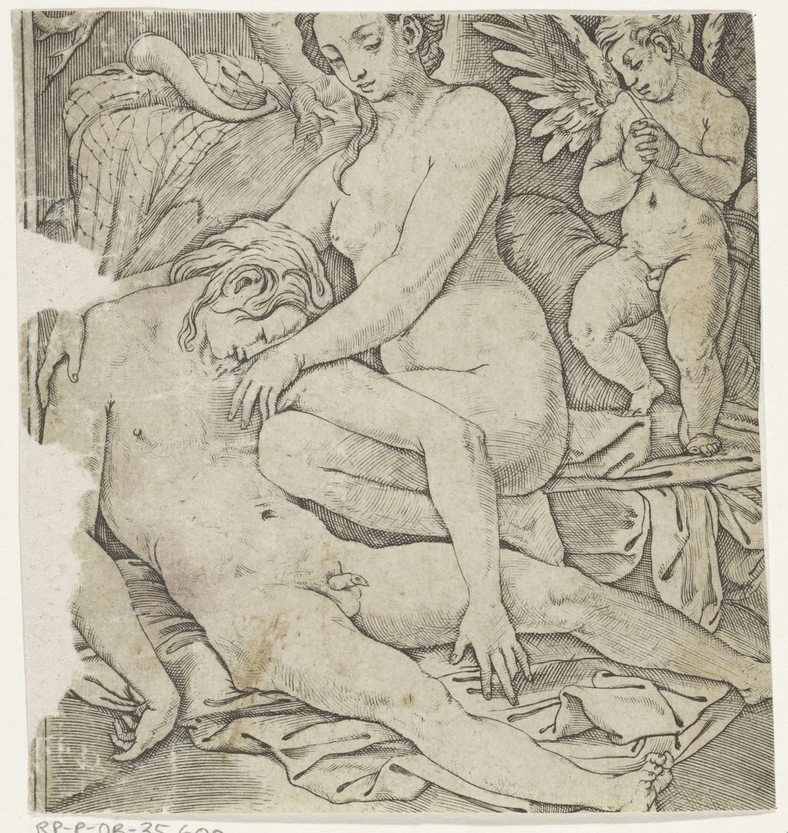 Venus en dode Adonis by Giovanni Jacopo Caraglio, print, 1515-1565