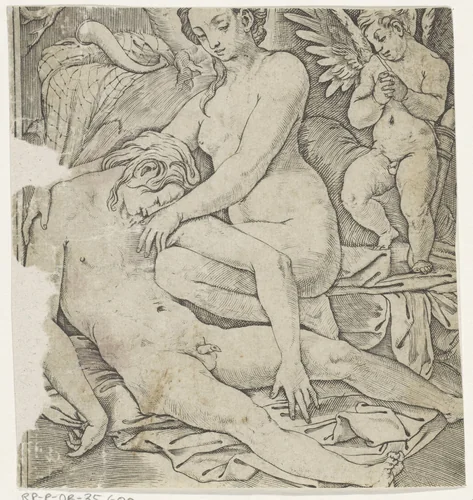 Venus en dode Adonis by Giovanni Jacopo Caraglio, print, 1515-1565