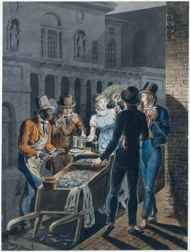 Nightlife in Philadelphia—an Oyster Barrow in front of the Chestnut Street Theater by John Lewis Krimmel, artwork, 1811-1816