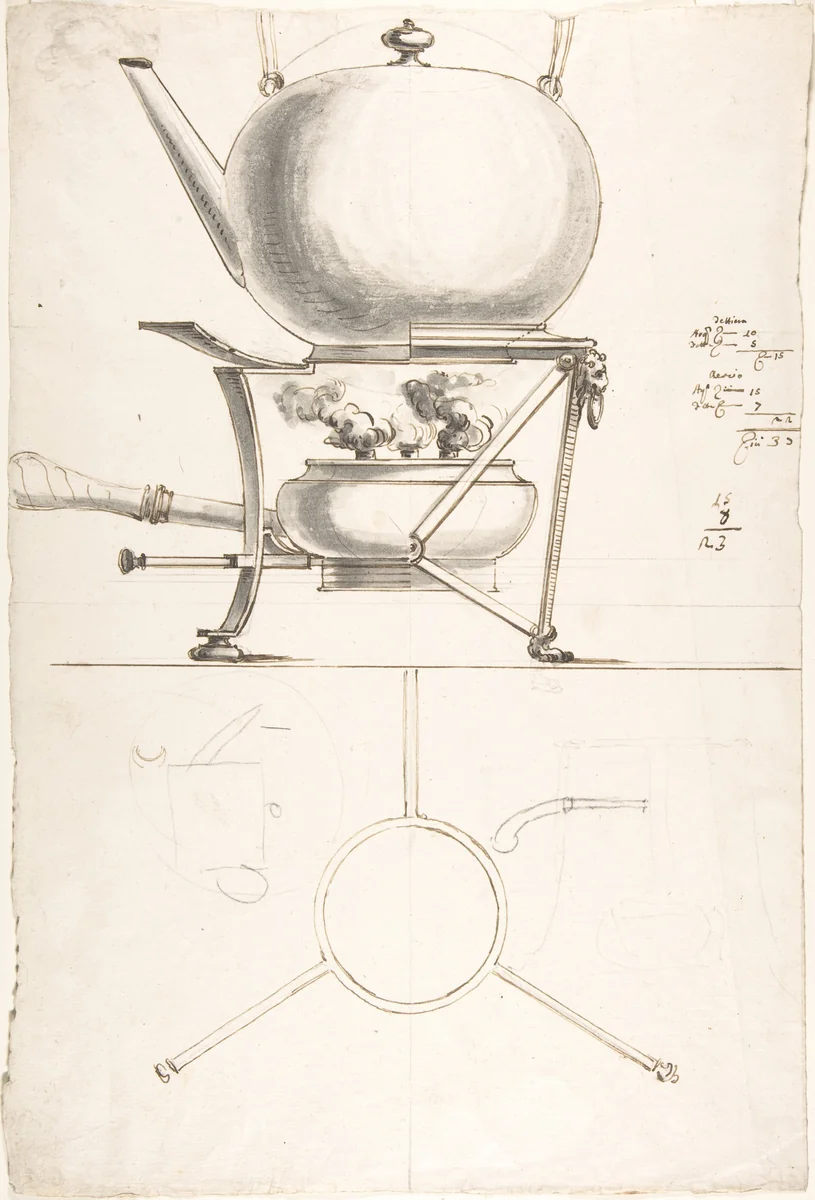 Kettle with Spirit Burner and Stand by anonymous, drawing, 1800-1900