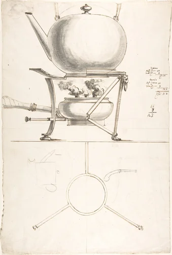 Kettle with Spirit Burner and Stand by anonymous, drawing, 1800-1900