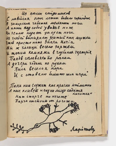 Folio 32 from Mirskontsa (Worldbackwards) by Natalia Goncharova
Mikhail Larionov
Nikolai Rogovin
Vladimir Tatlin
Various Artists, illustrated book, 1912