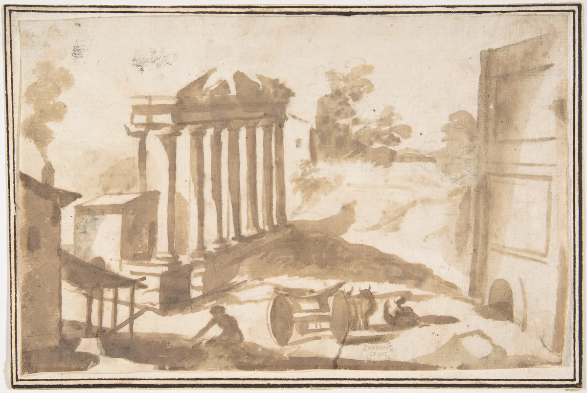 Landscape with a Ruined Temple by Francesco Allegrini, drawing, 1624-1663