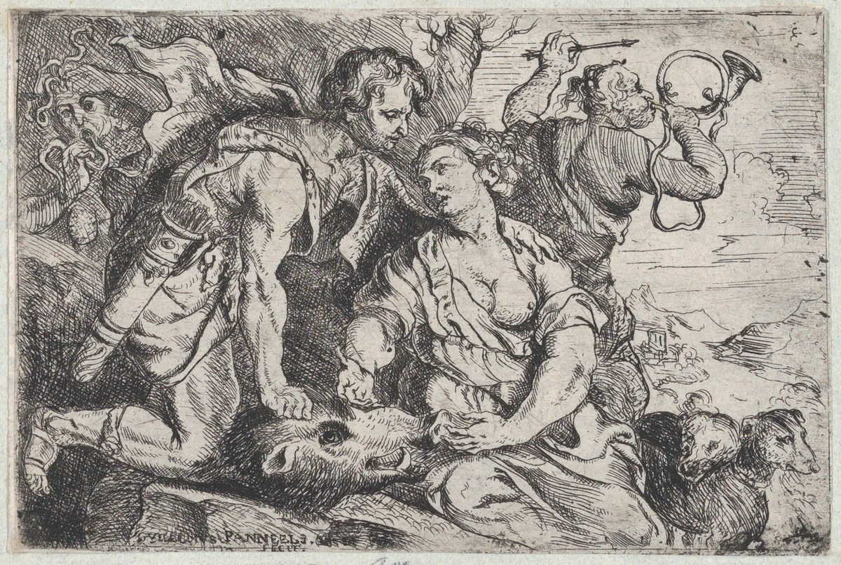 Atalanta and Meleager by Willem Panneels, print, 1626-1636