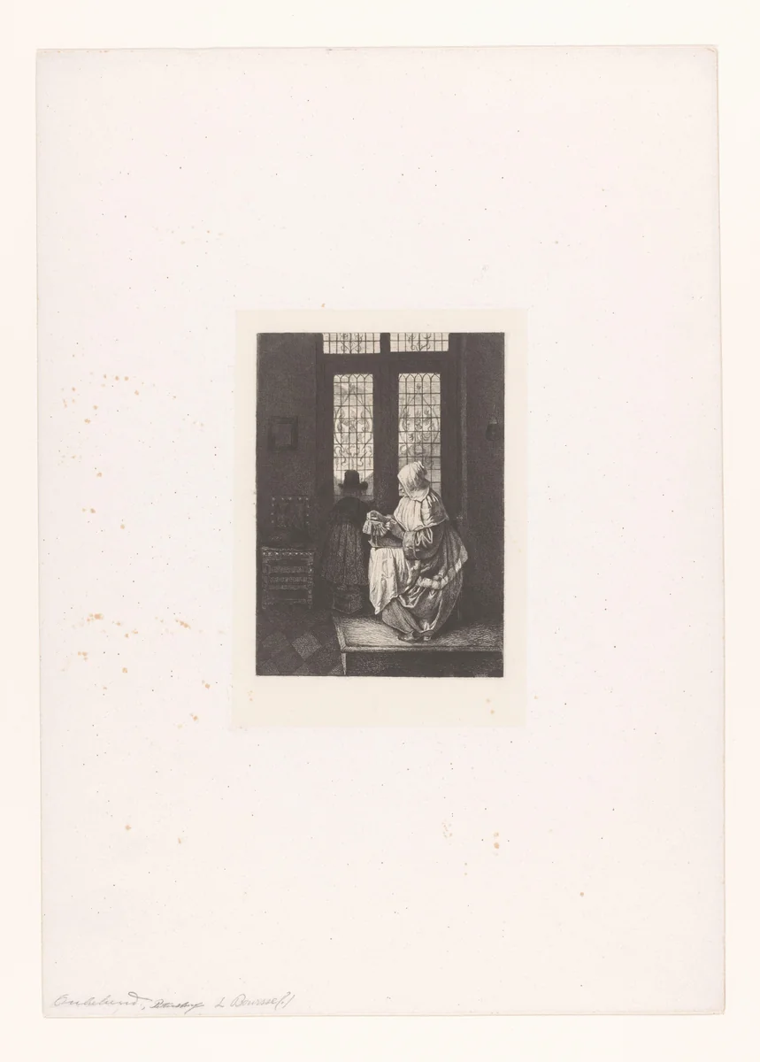 Interieur met kantklossende vrouw en man aan het raam by Nikolay Semyonovich Mosolov, print, 1857-1914