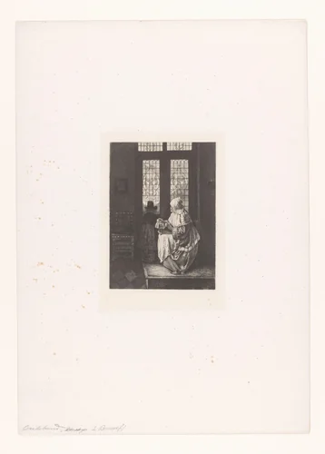 Interieur met kantklossende vrouw en man aan het raam by Nikolay Semyonovich Mosolov, print, 1857-1914