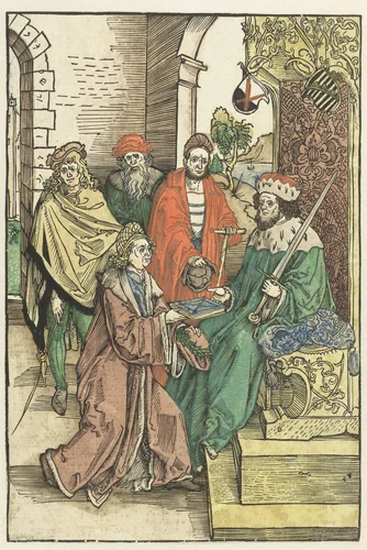 Conrad Celtis biedt Frederik III de Wijze, keurvorst van Saksen, een boek met het werk van Roswitha van Gandersheim aan by Unknown, print, 1496-1501