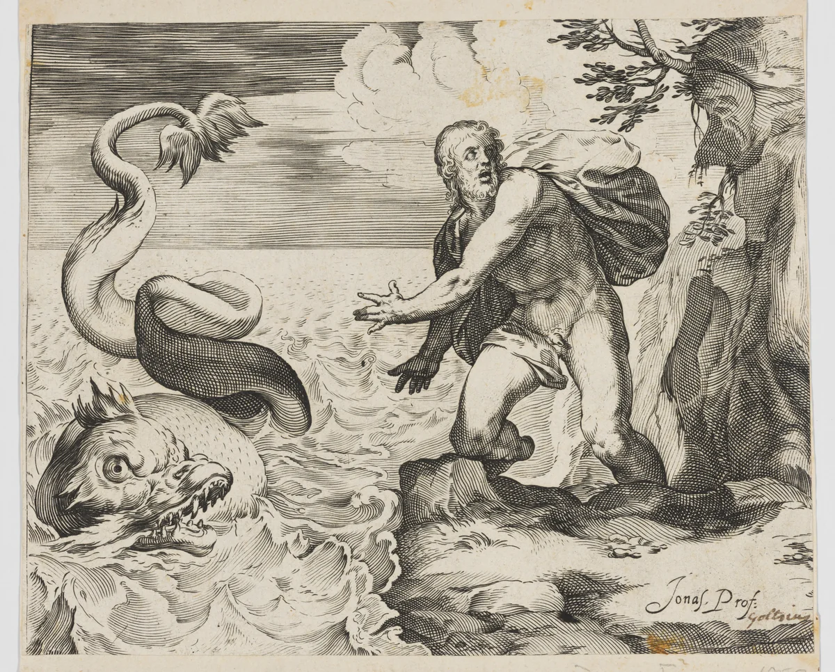 Jonah and the Whale by Luca Ciamberlano, print, 1600-1640