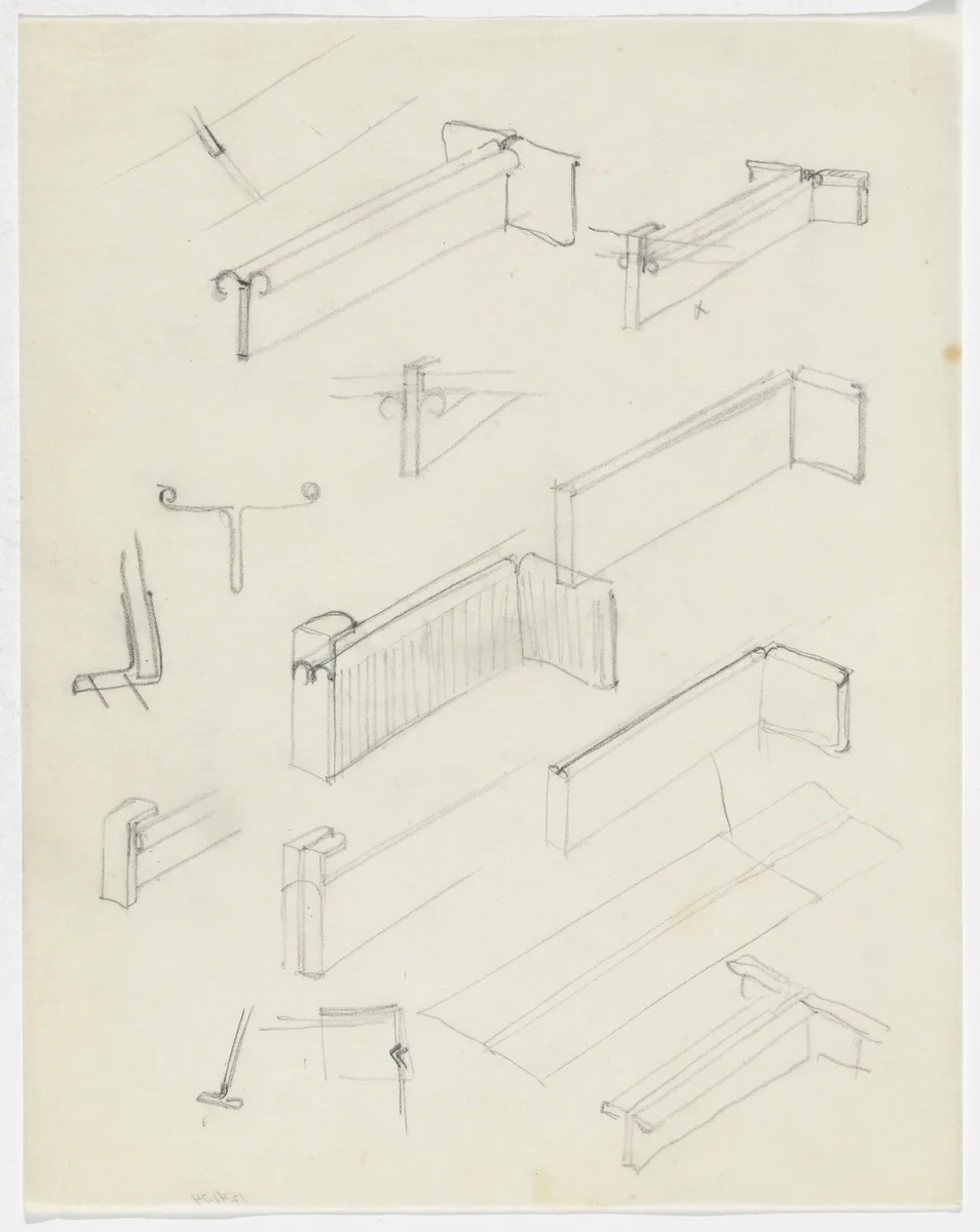 Furniture Details (Perspective and elevation sketches) by Ludwig Mies van der Rohe, mies van der rohe archive, 1926