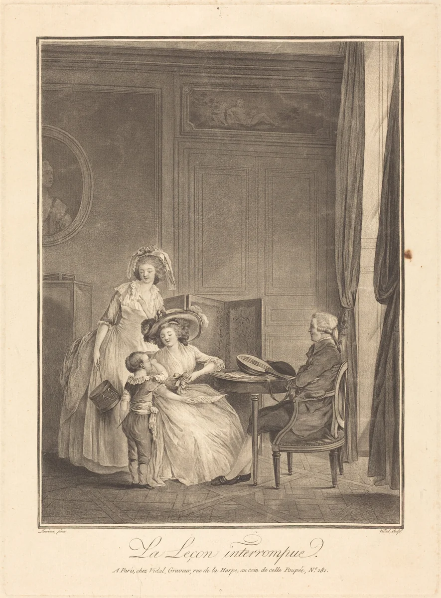 La lecon interrompue by Gérard Vidal; Nicolas Lavreince, print, 1742-1801