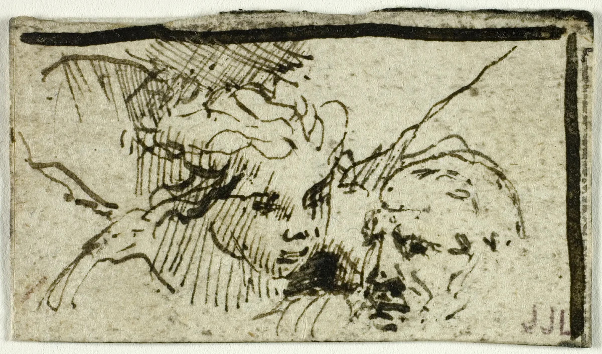 Rembrandt's Sacrifice of Issac - Heads of Abraham and Angel by Unknown Artist, drawing, 1655-1669